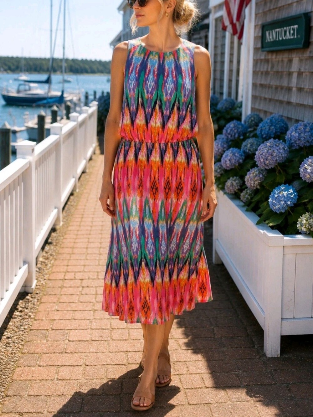 Athleta Ikat Martinique Dress Geometric Pink Blue Tie Backside Tassels Green L
